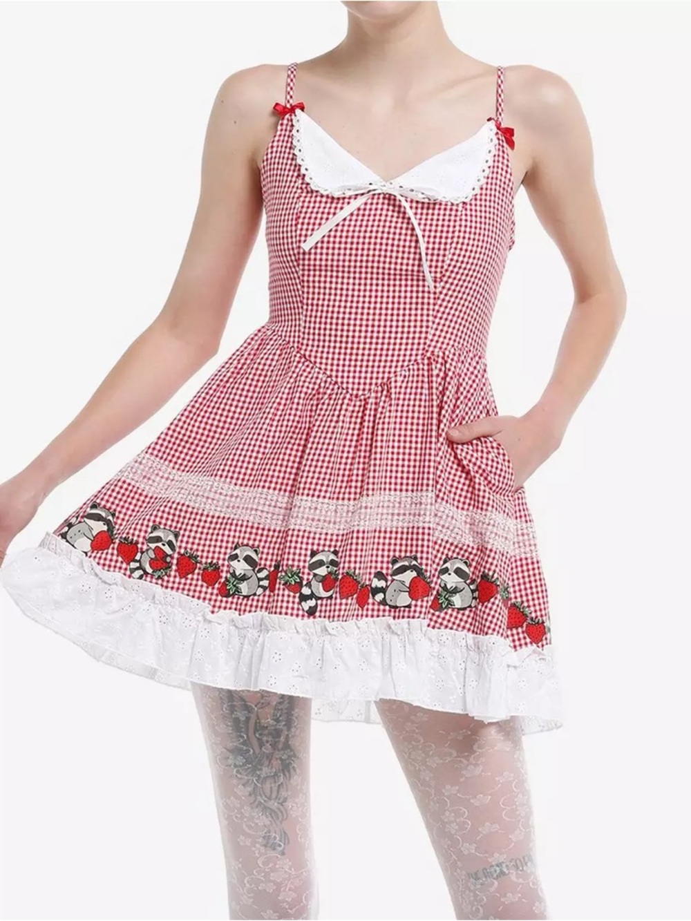 Thorn & Fable Raccoons‎ & Strawberries Red Gingham Cami Dress Hot Topic